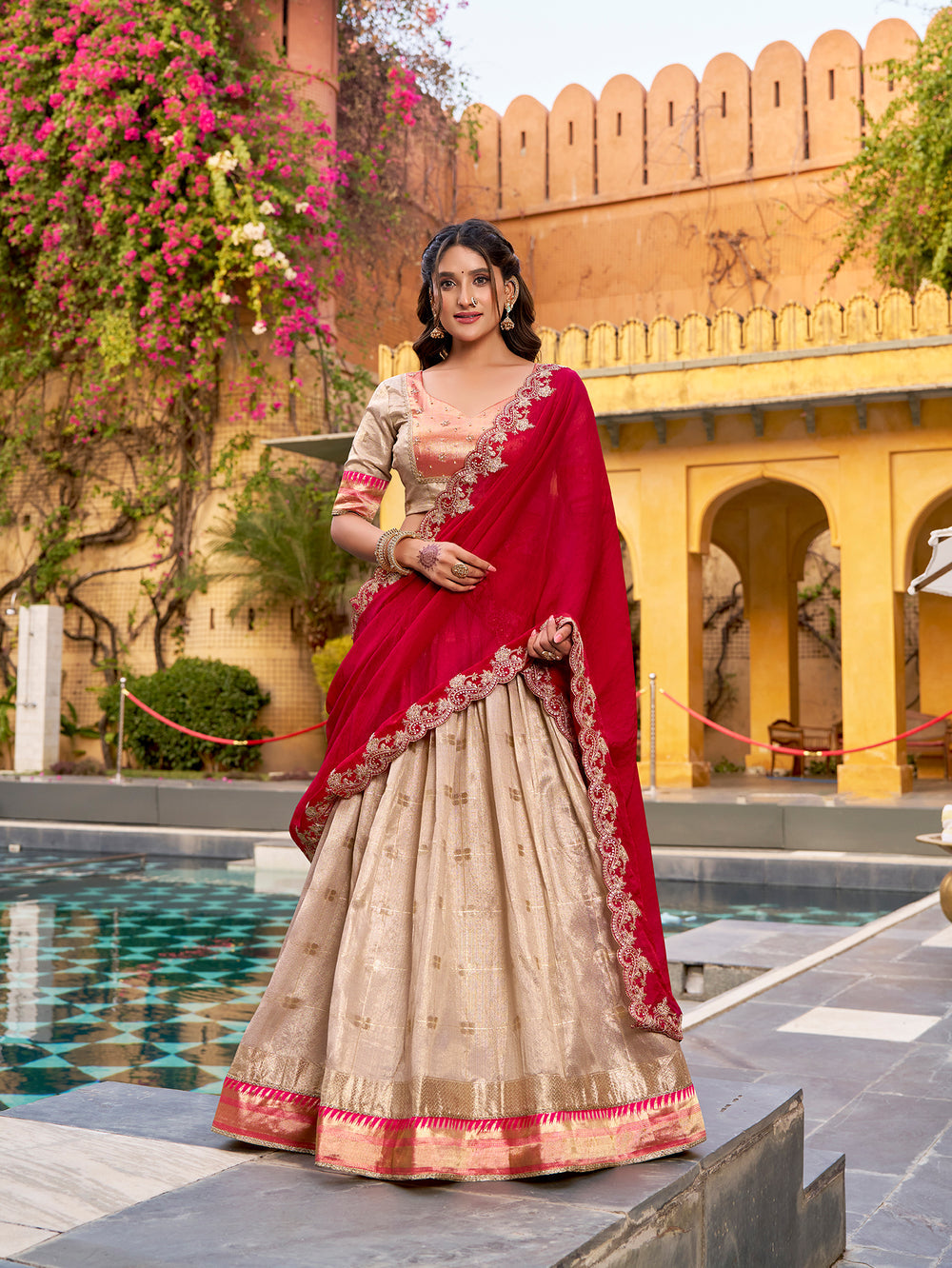 Off-white Pure Soft Slub Kota Zari Weaving Paithani Work Paithani Lehenga Choli