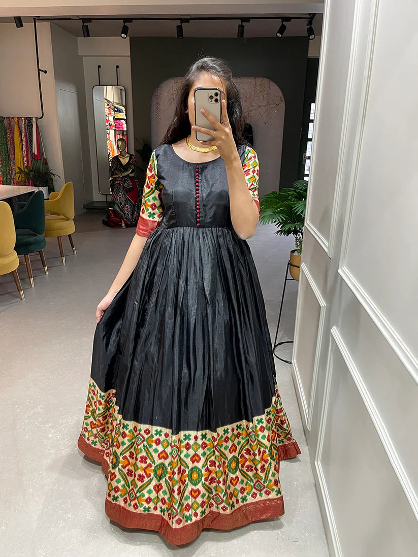 Black Printed Dola Silk Gown With Dupatta