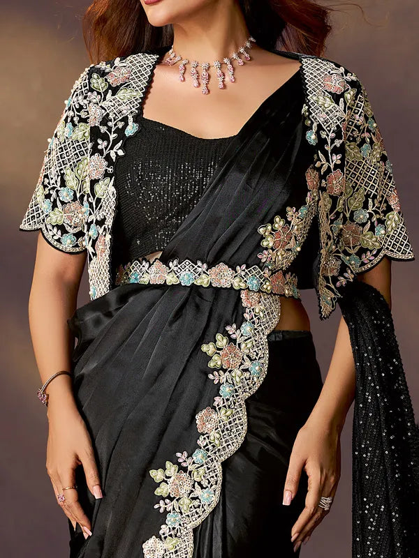 Black Pure Soft Crush Satin Silk Ready to Wear Saree