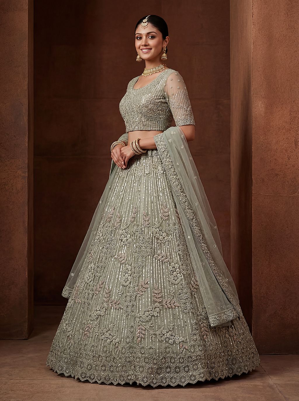 Pista Pure Soft Heavy Net Fancy Embroidery Work Bridal Lehenga Choli