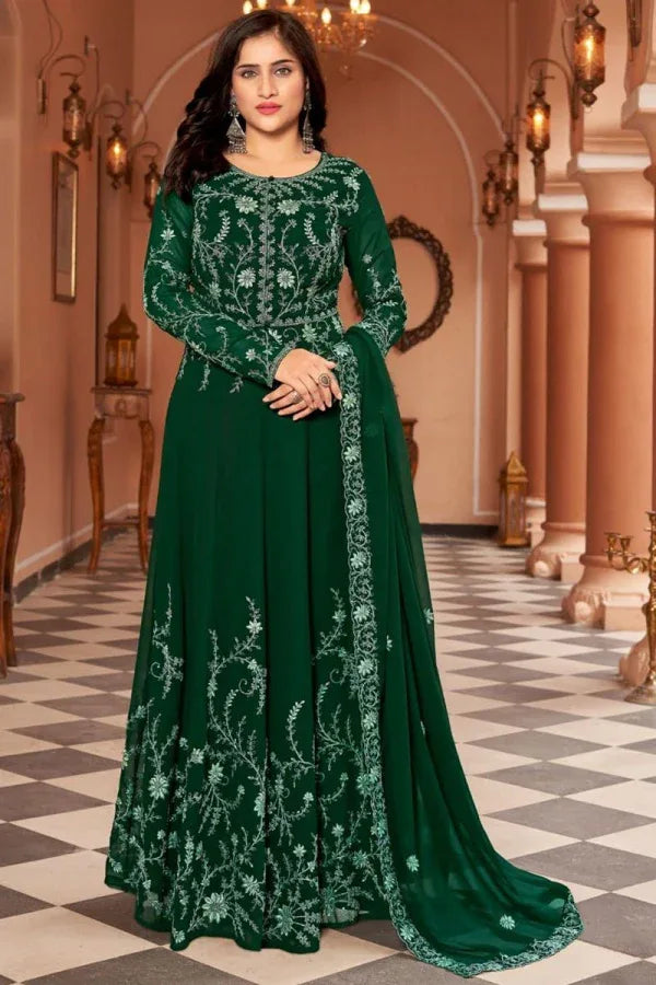 Beautiful Designer Bottle Green Faux Georgette Anarkali Suit