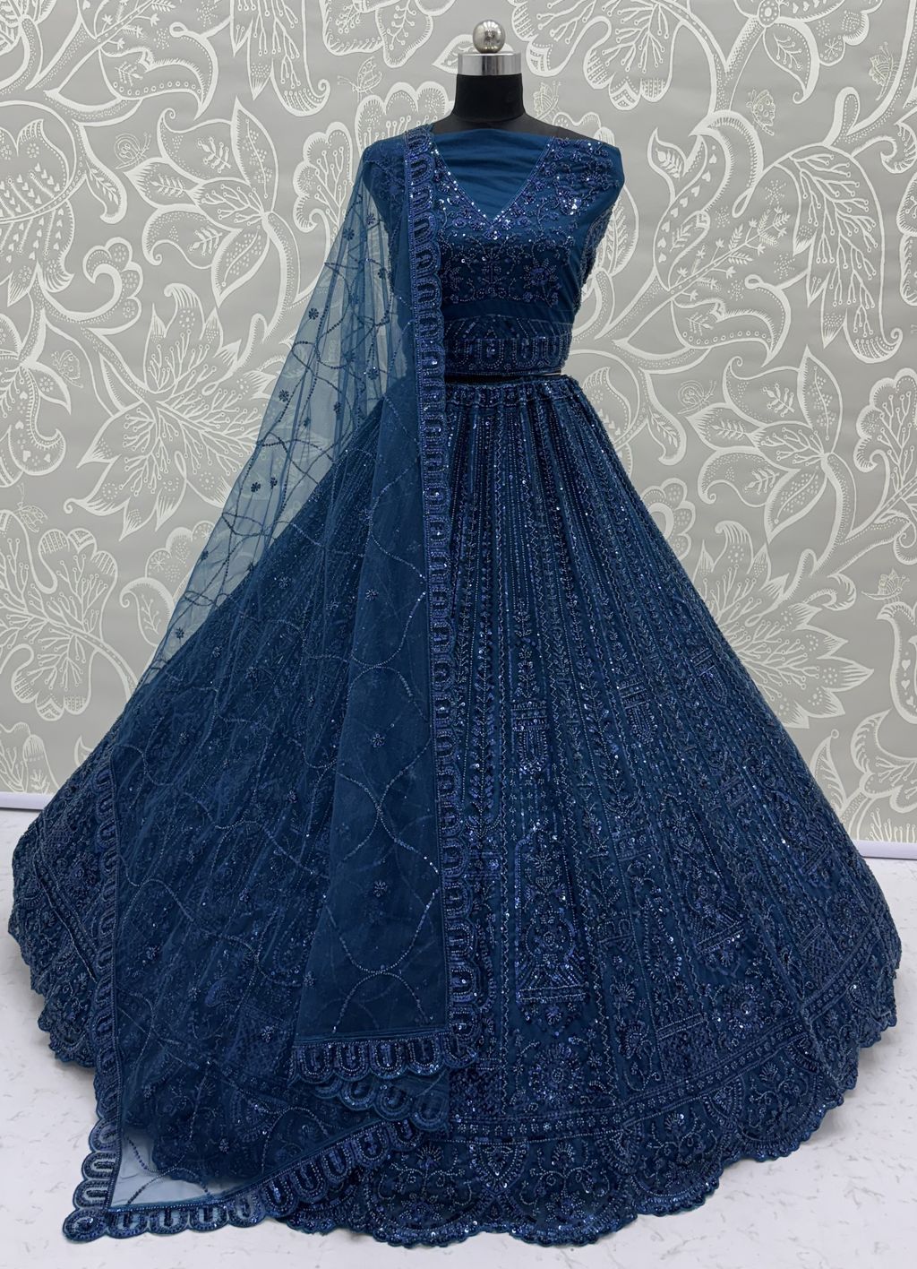 Blue Pure Soft Net Heavy Embroidery Work Bridal Lehenga