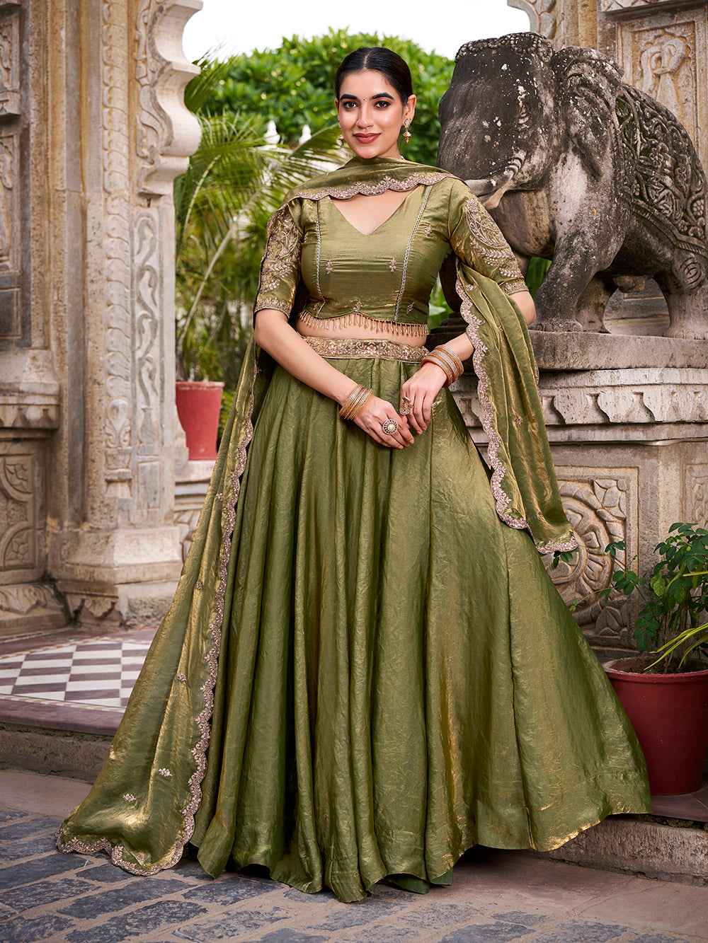 Mehandi Pure Fendi Silk Sequins & Thread Embroidery Work Lehenga Choli