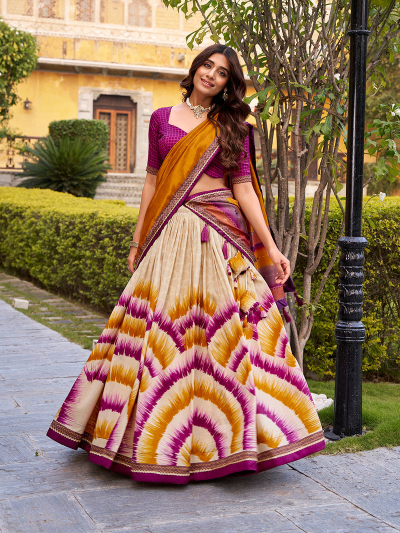 Wine Color Tie And Dye Printed Tasar Silk Lehenga Choli