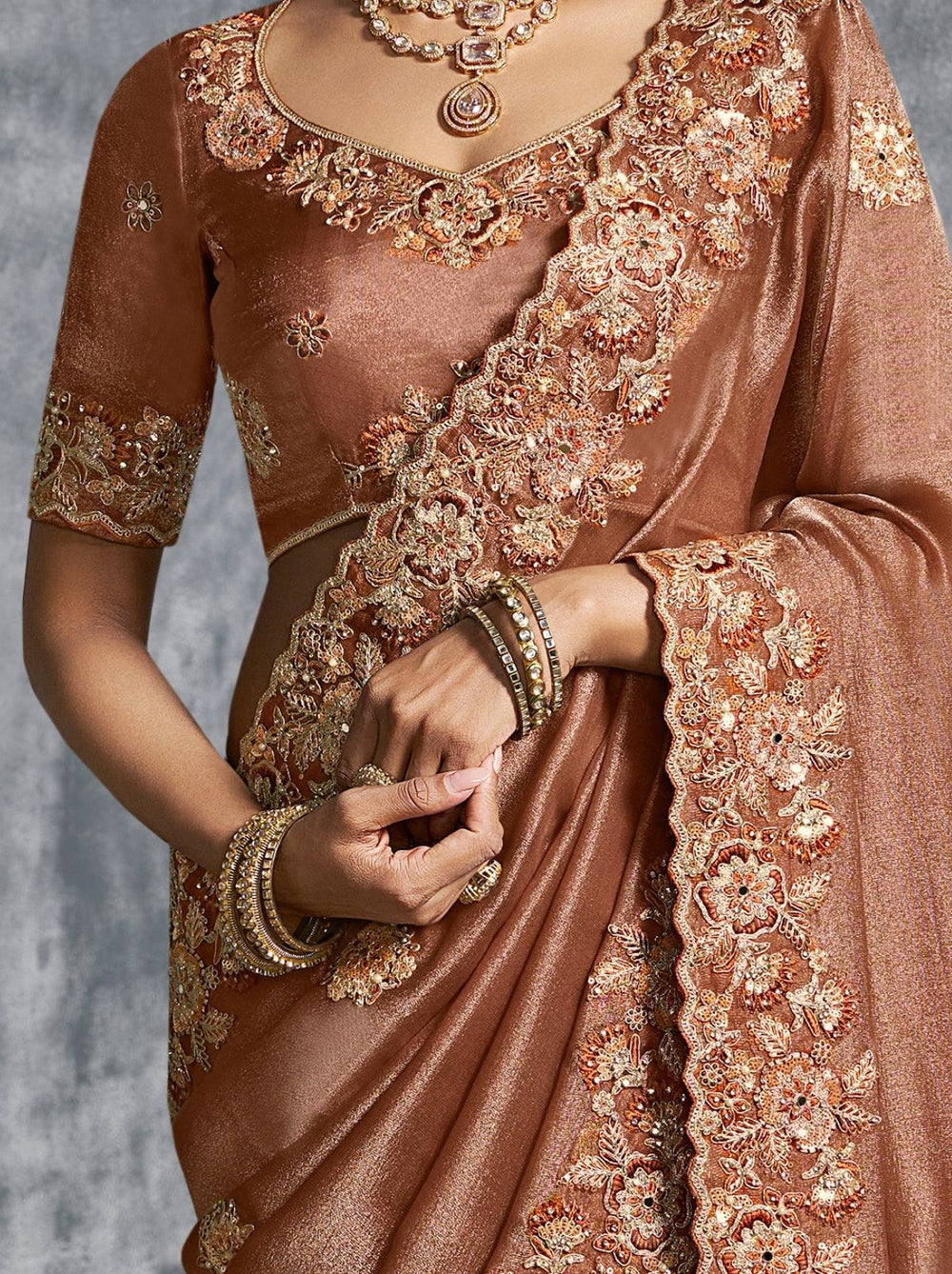 Copper Brown Premium Zari Tissue Silk Bridal Saree
