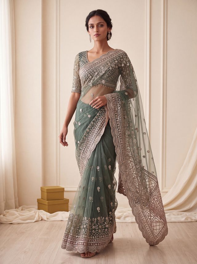 Green Pure Premium Net Handwork Kasti & Motif Zari Metallic Sequins Work Wedding Saree