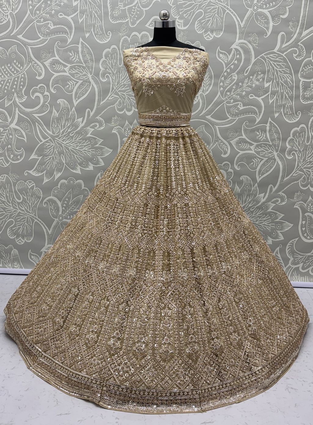 Golden Pure Soft Net Heavy Embroidery Work Bridal Lehenga