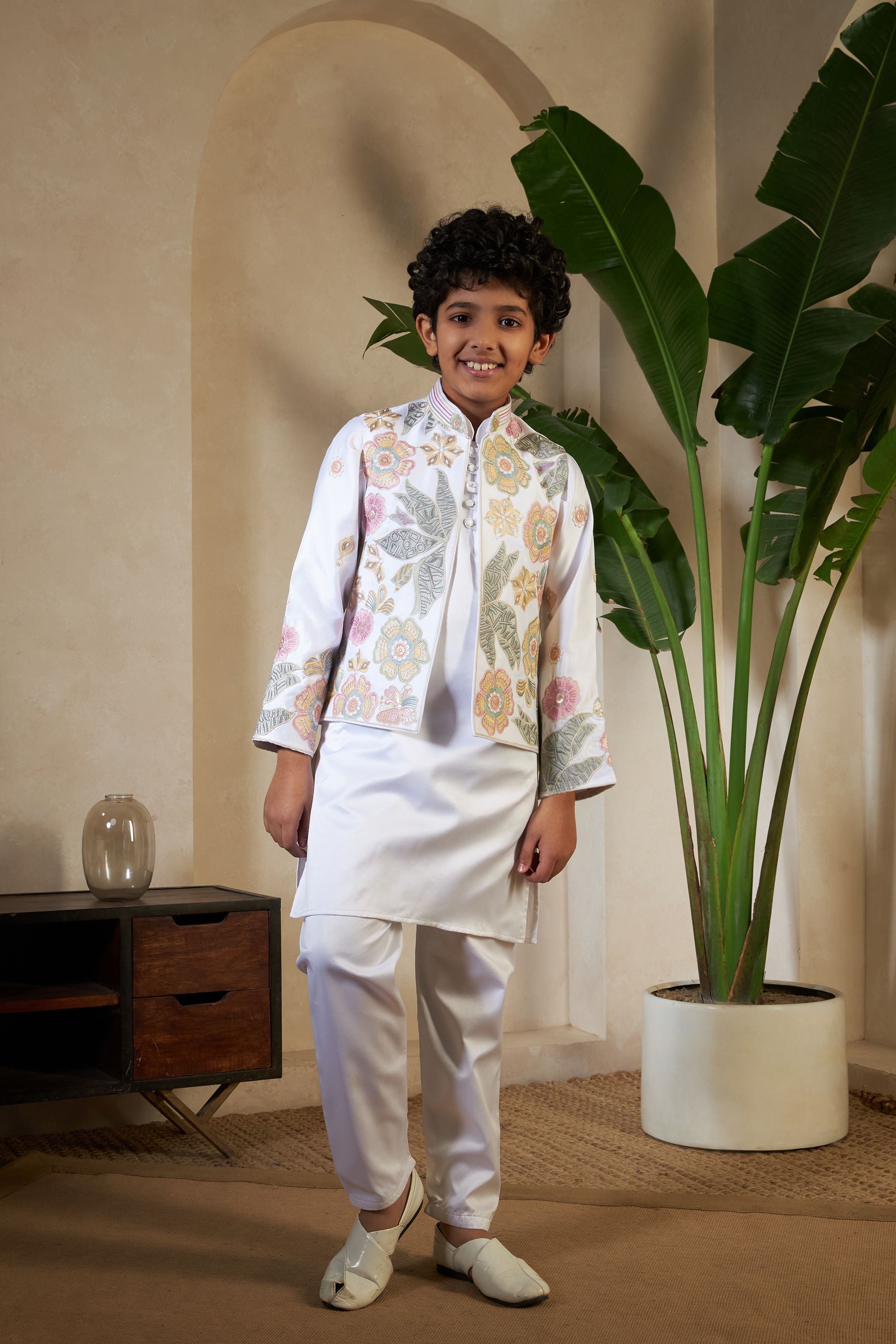 White Pure Satin Silk Kids Boy Kurta Pajama With Koti Jacket