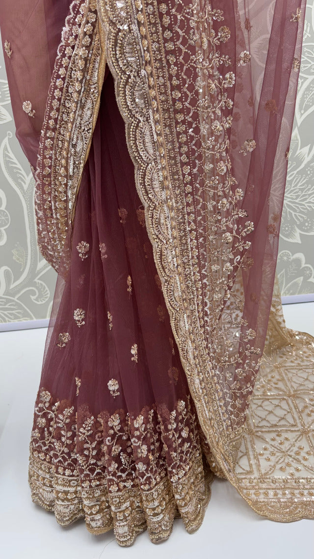 Wine Pure Premium Net Handwork Kasti & Motif Zari Metallic Sequins Work Wedding Saree