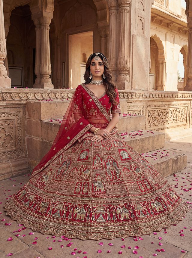 Red Pure Soft Gadwal Silk Heavy Embroidery Work Bridal Lehenga