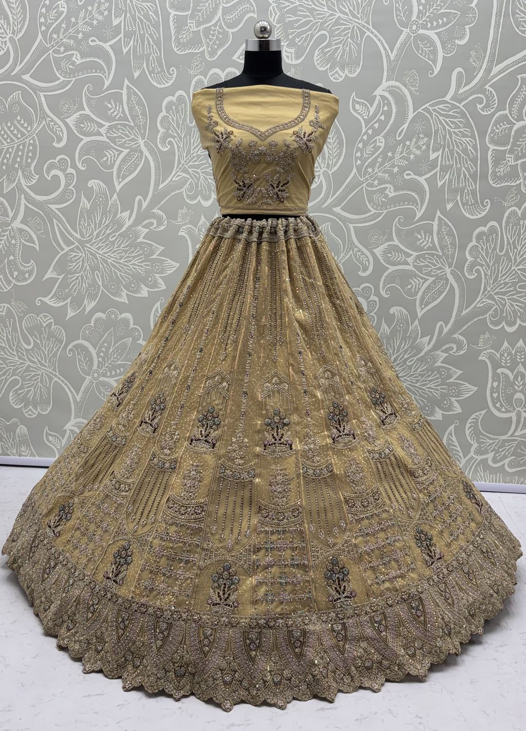 Golden Pure Soft Heavy Net Fancy Embroidery Work Bridal Lehenga Choli