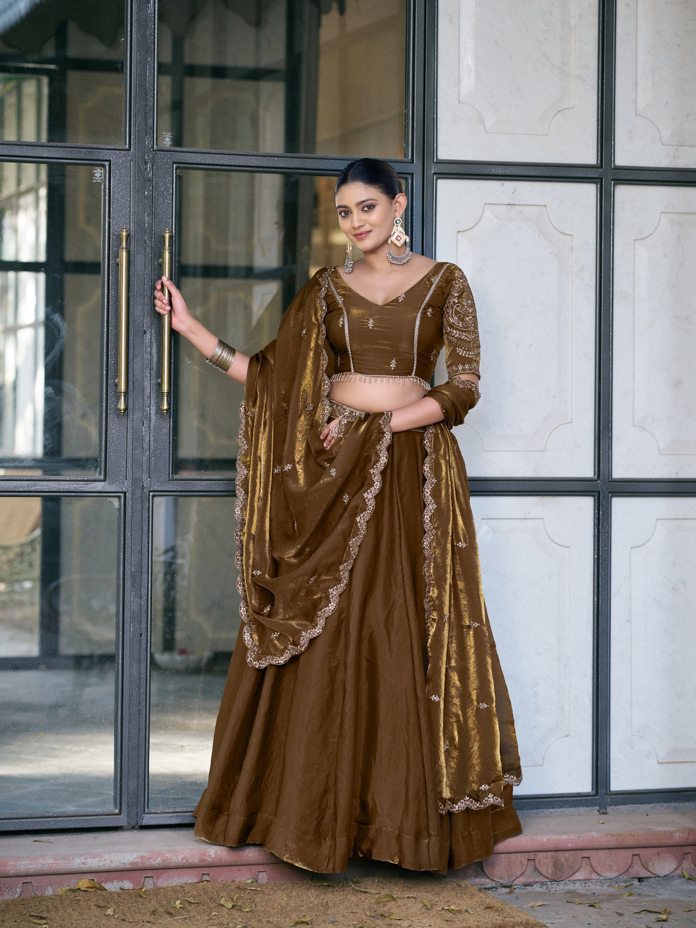 Brown Pure Fendi Silk Sequins & Thread Embroidery Work Lehenga Choli