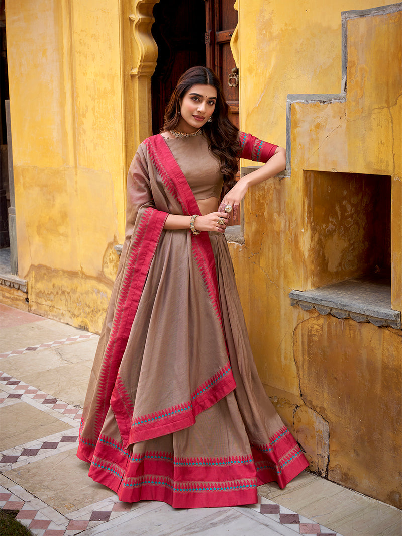 Chiku Color Thread Work With Chanderi Lehenga Choli