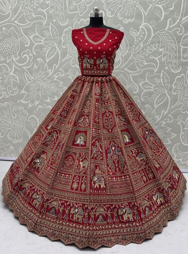 Red Pure Soft Gadwal Silk Heavy Embroidery Work Bridal Lehenga