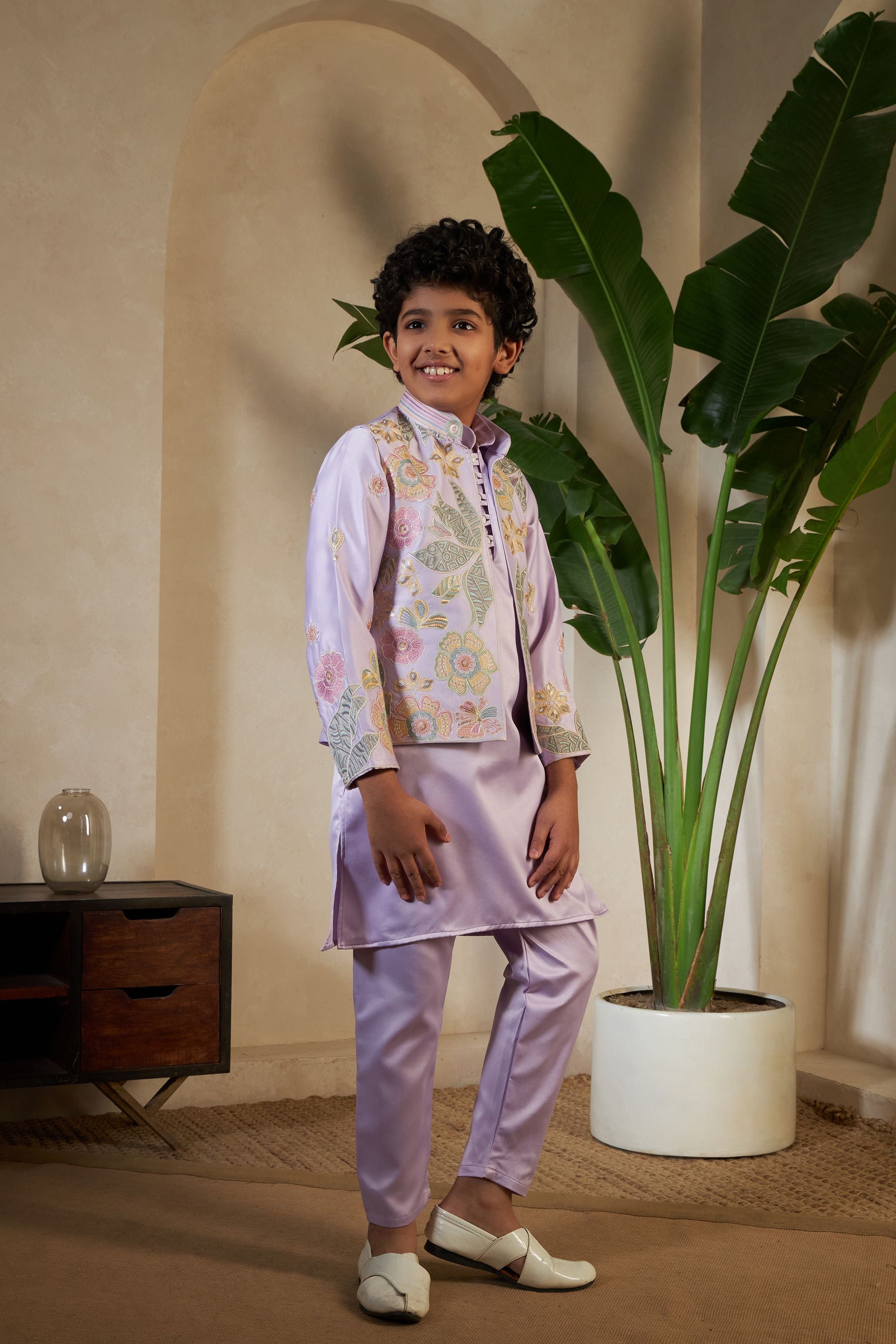 Lavender Pure Satin Silk Kids Boy Kurta Pajama With Koti Jacket