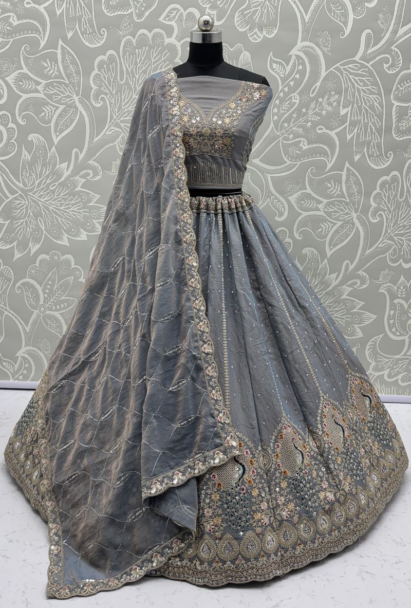 Stone Grey Pure Soft Gadhwal Silk Heavy Embroidery Work Bridal Lehenga