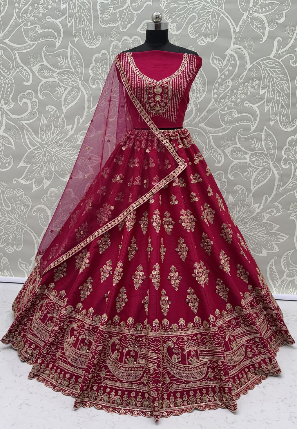 Rani Pink Pure Soft Heavy Silk Sequins Embroidery Work Bridal Lehenga