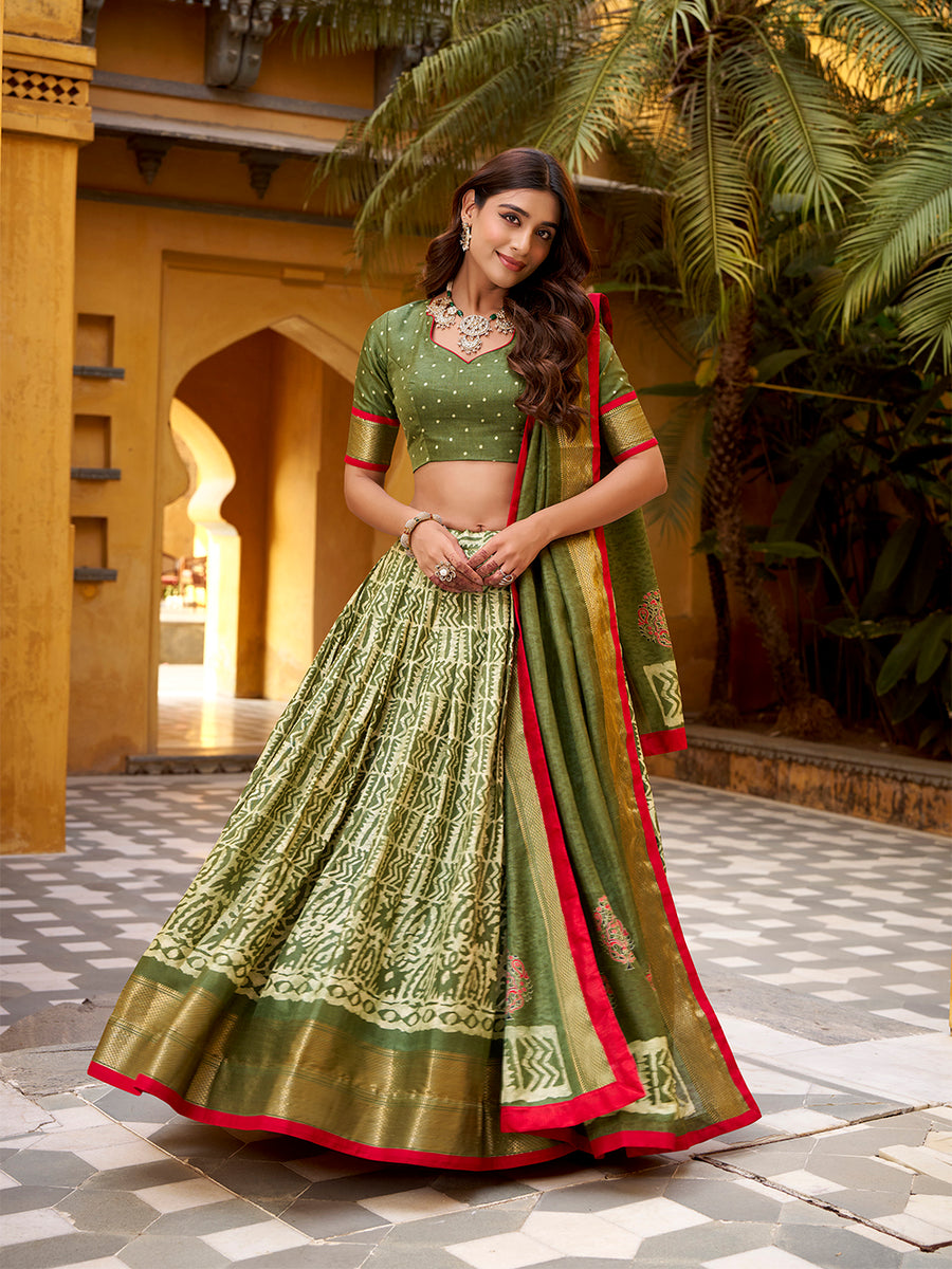 Mehendi Color Batik Printed Dola Silk Lehenga Choli