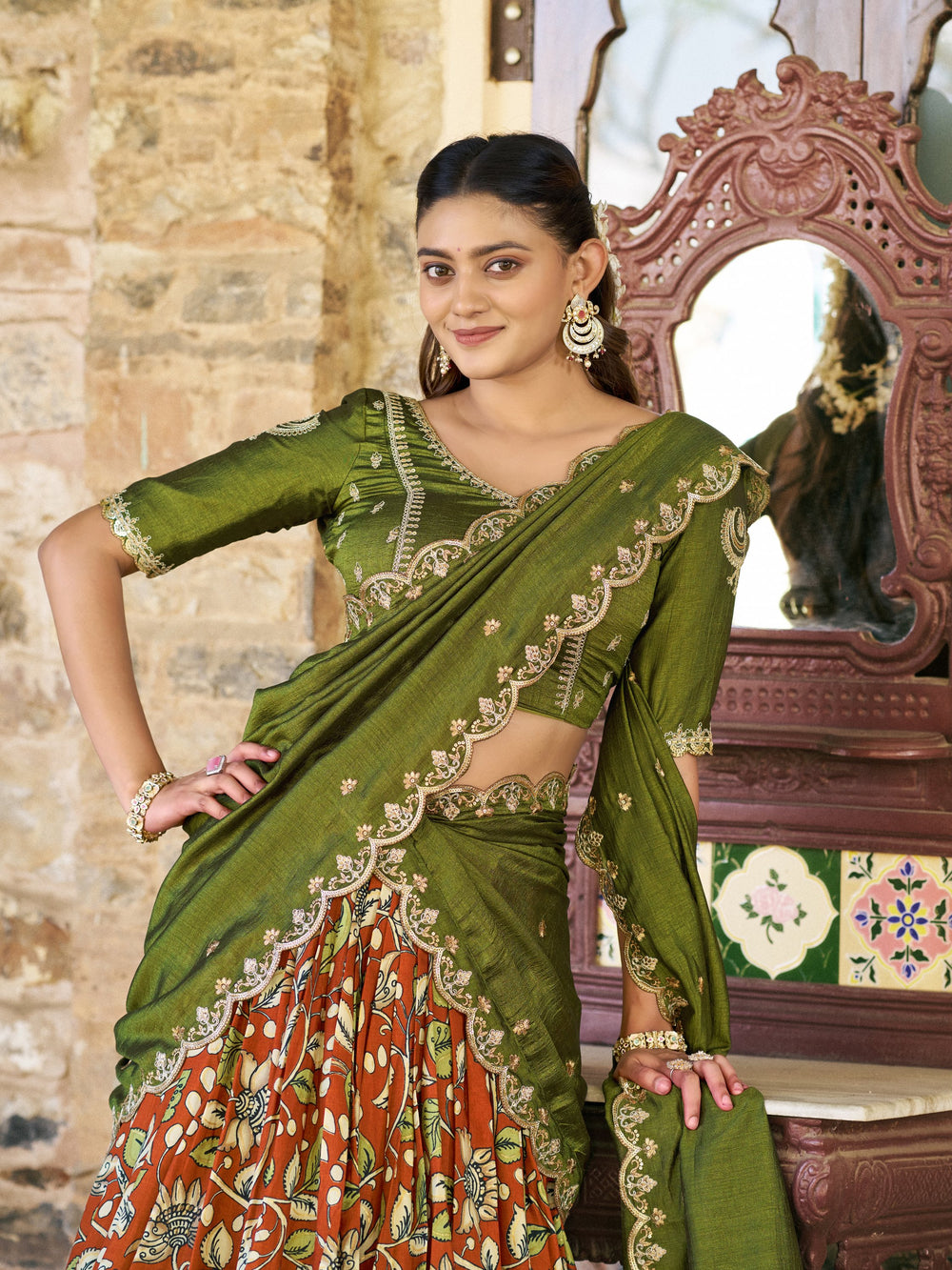 Rust Pure Soft Tussar Silk Kalamkari Print Lehenga Choli