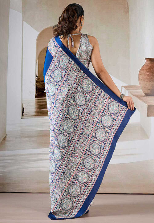 Blue Pure Soft Modal Satin Ajrakh Print Satin Saree Japan Satin Saree Anant Tex Exports Pvt.Ltd..