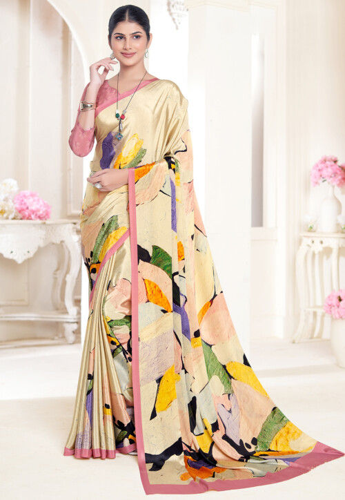Cream Pure Soft Crape With Flower Digital Prints Satin Saree