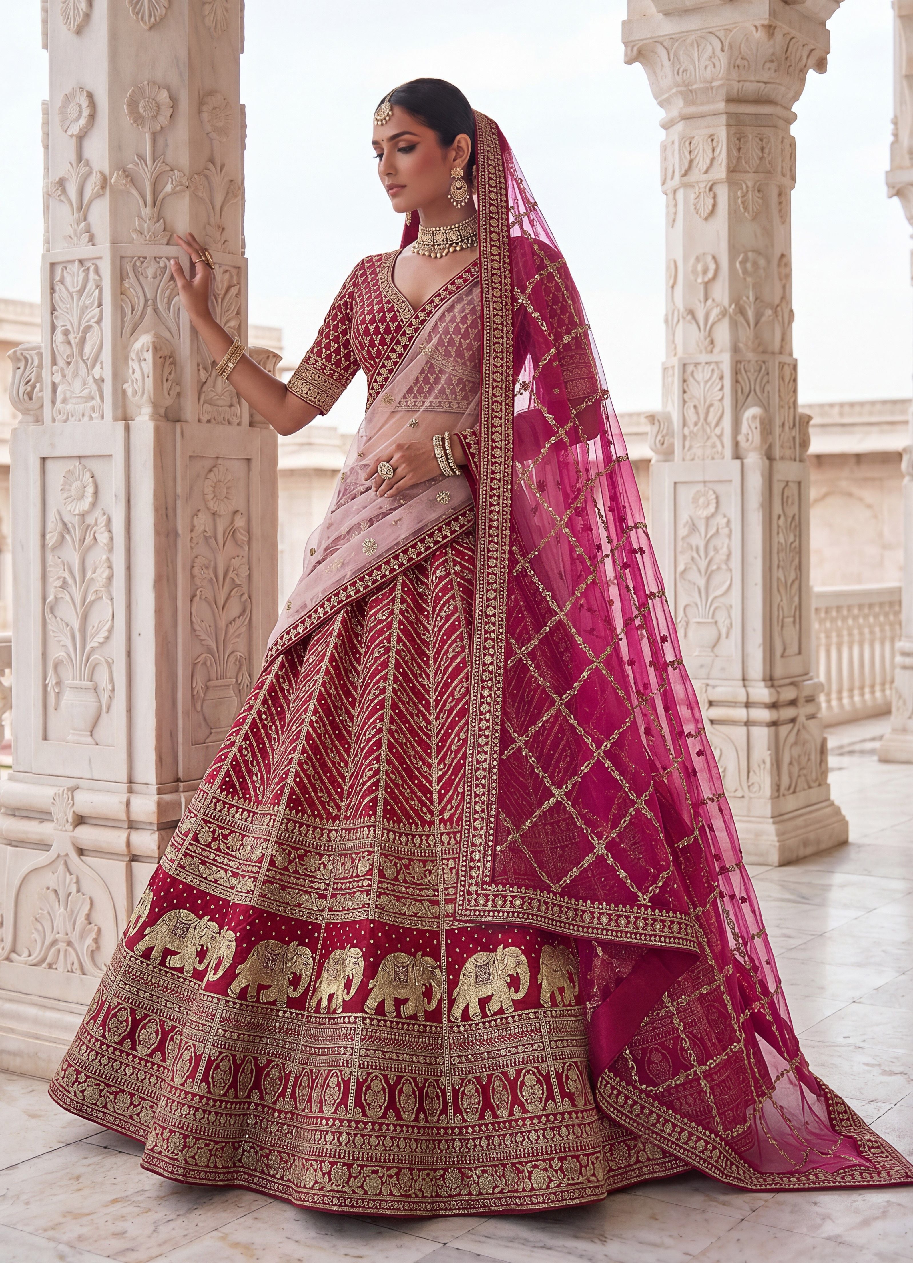 Rani Pink Pure Slubb Silk Premium Tatamie Zari Dori Embroidery Metalic Sequins Work Bridal Lehenga Choli