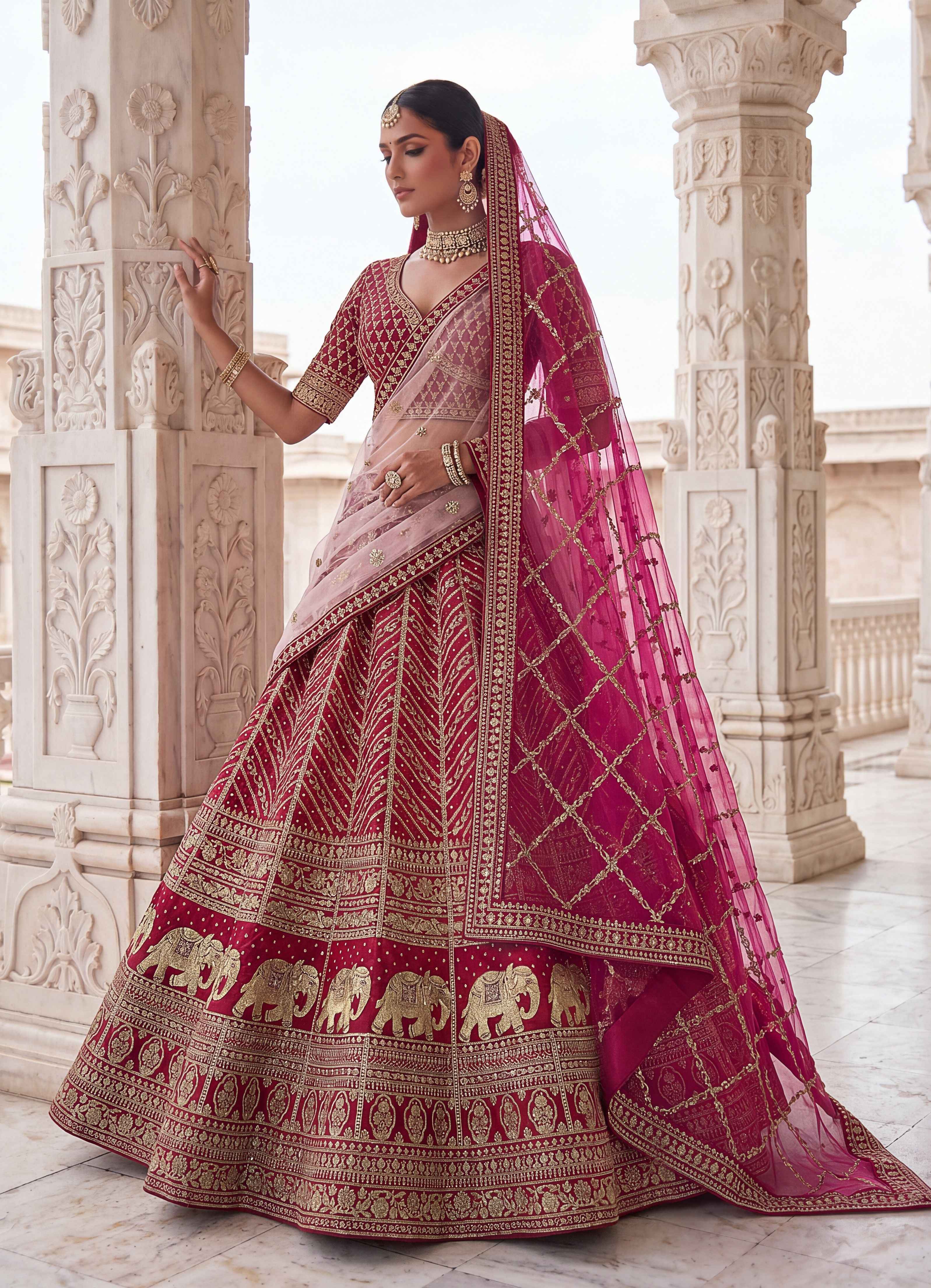 Rani Pink Pure Slubb Silk Premium Tatamie Zari Dori Embroidery Metalic Sequins Work Bridal Lehenga Choli