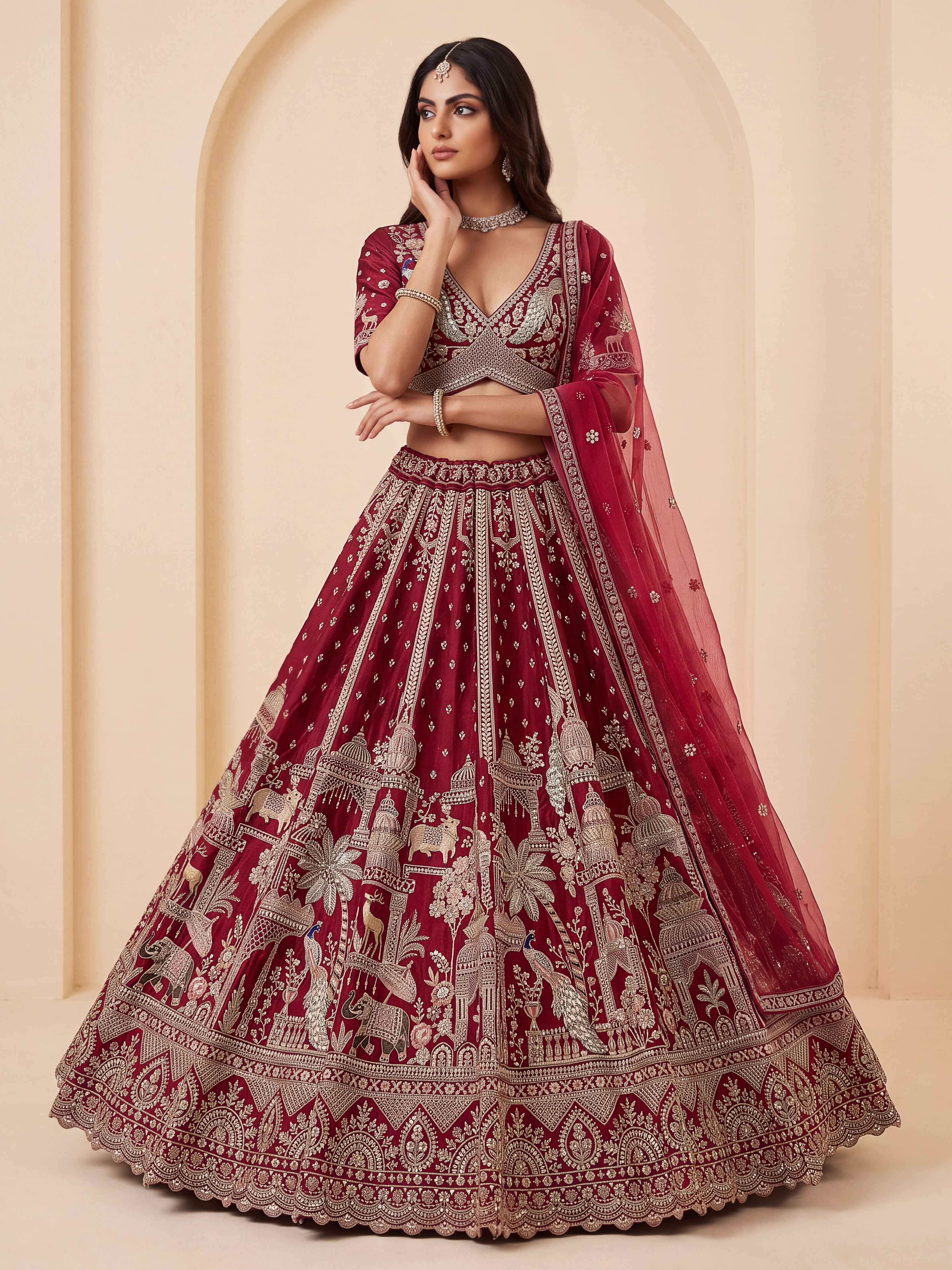 Red Pure Soft Multi Color Motif Multi thread Embroidery Sequins Work Bridal Lehenga Choli