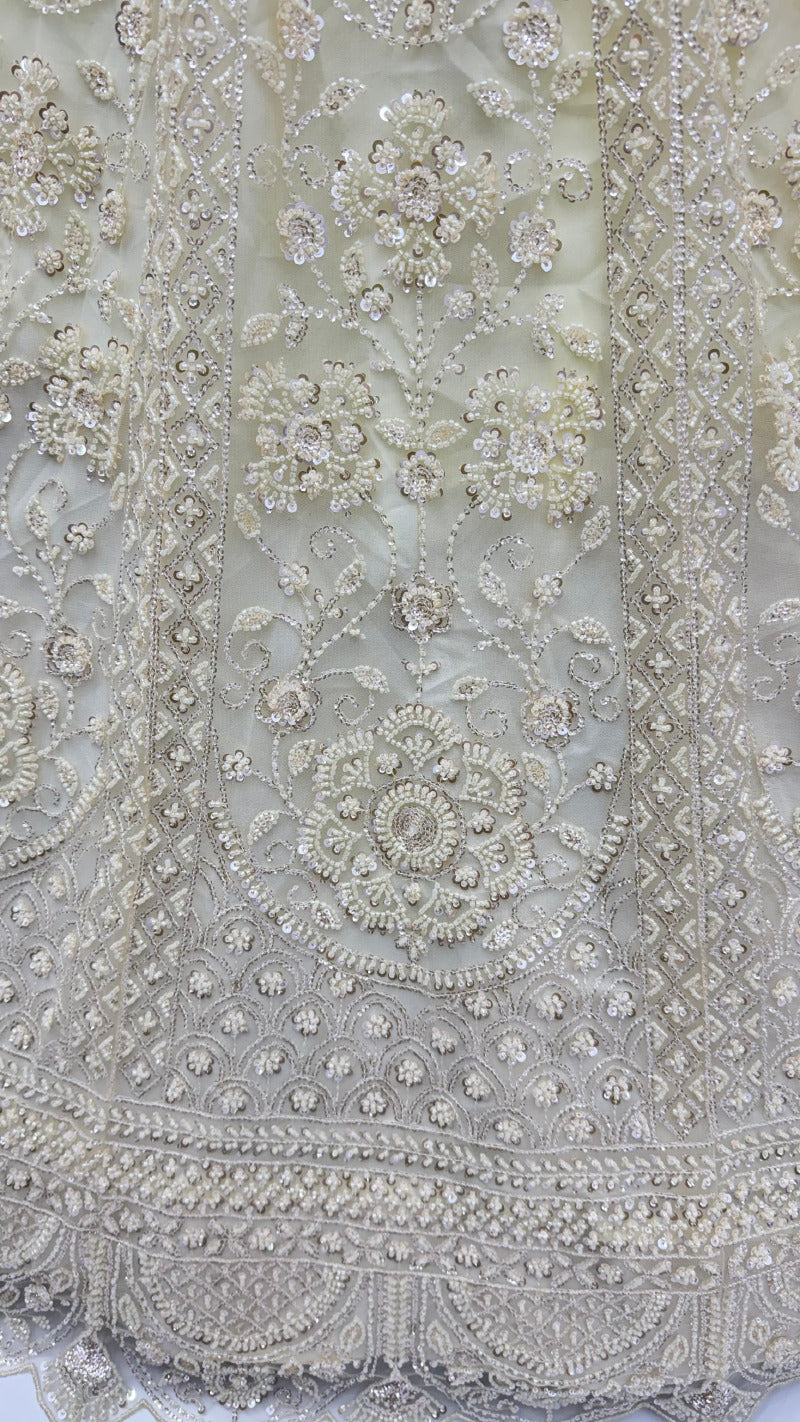 Cream Pure Heavy Net Motif Handwork Zari Sequins Work Bridal Lehenga Choli