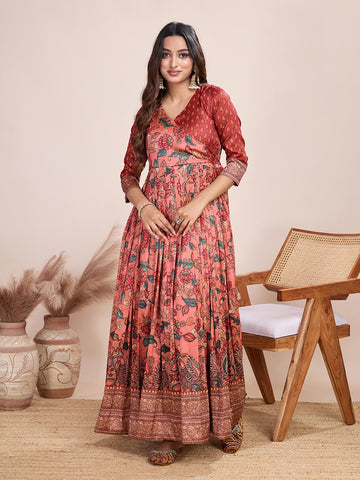 Peach Pure Silk Blend Kalamkari Anarkali Gown
