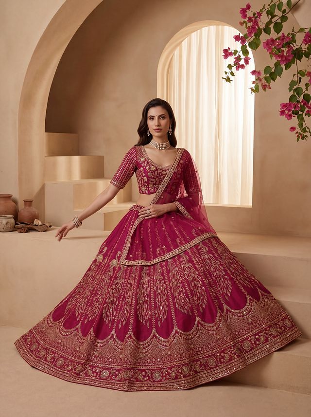 Rani Pink Pure Soft Heavy Net Sequins Embroidery Work Bridal Lehenga Choli