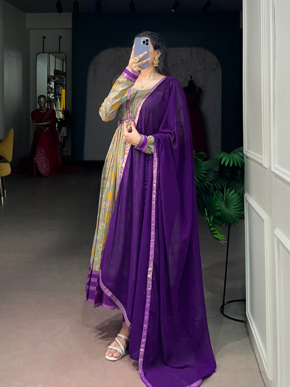Purple Pure Tasar Silk Floral Print & Elegant Foil Work Anarkali Suit