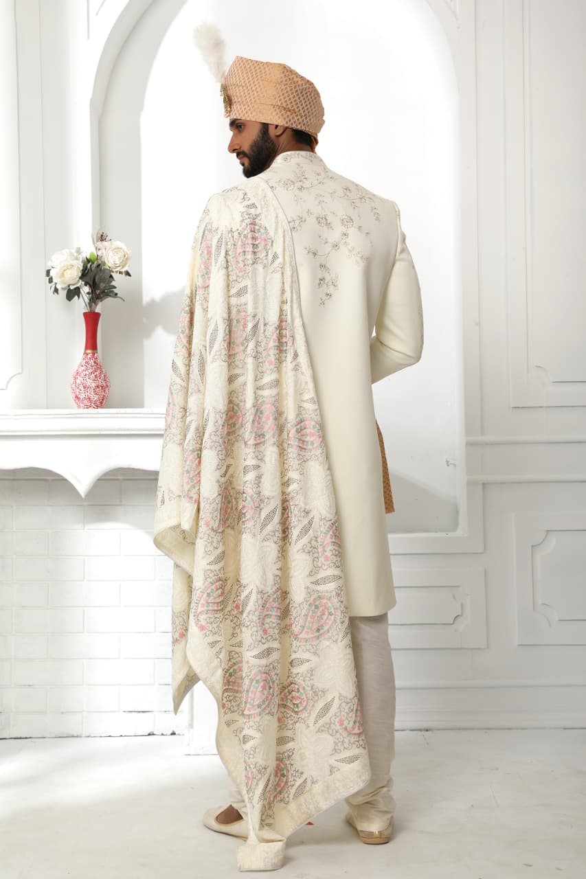 Cream Art Silk Sherwani for Men with Dupatta