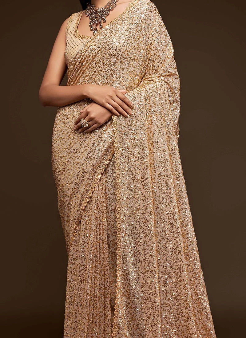 Golden Pure Chiffon Sequins Embroidery Work Ready to Wear Saree