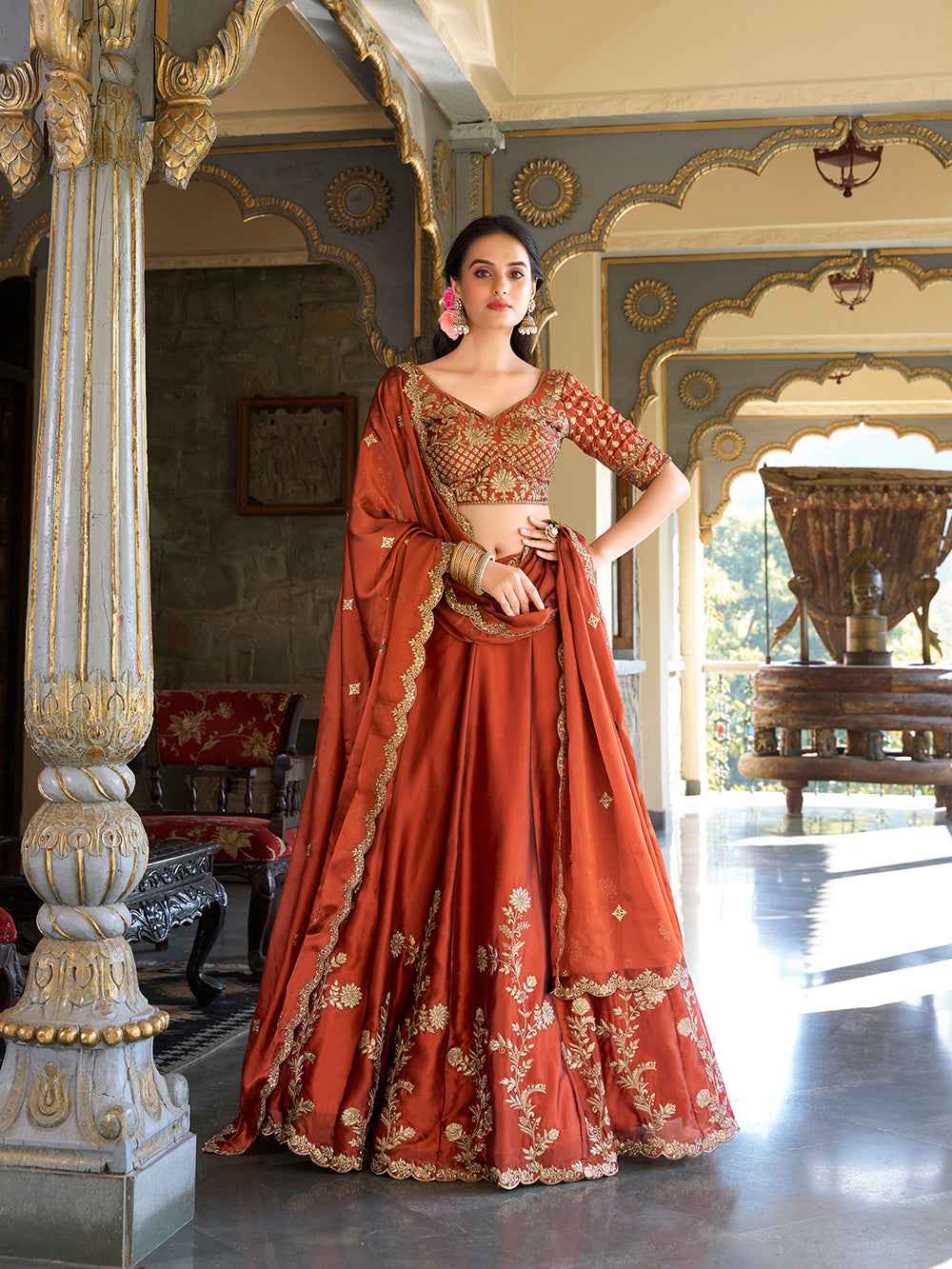 Rust Pure Rangoli Silk Sequins & Thread Embroidery Work Lehenga Choli