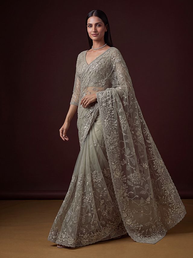 Beige Pure Premium Net Handwork Kasti & Motif Zari Metallic Sequins Work Wedding Saree