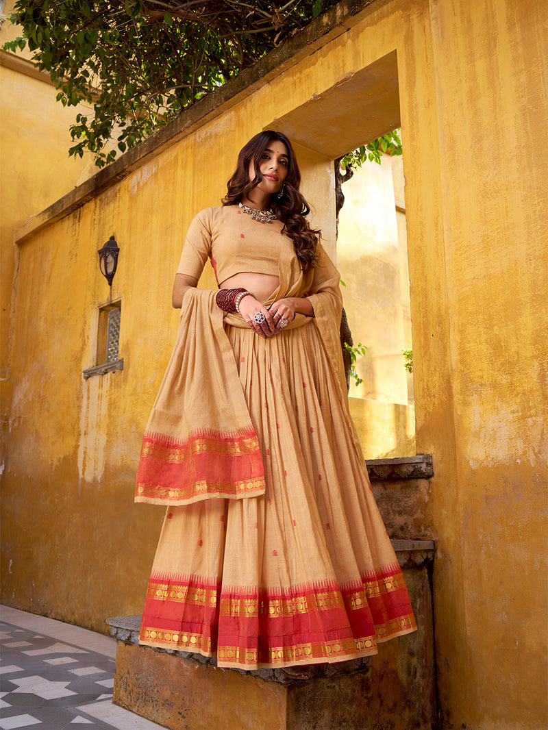Cream Color Zari Weaving Work Chanderi Lehenga Choli