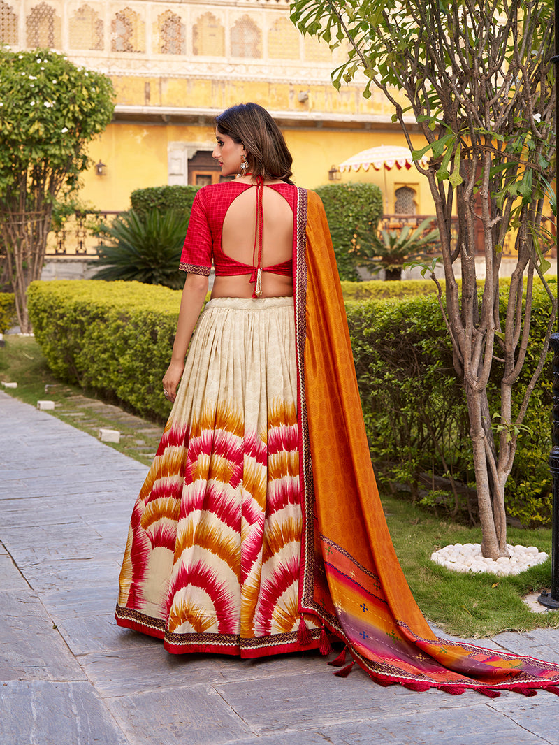 Red Color Tie And Dye Printed Tasar Silk Lehenga Choli