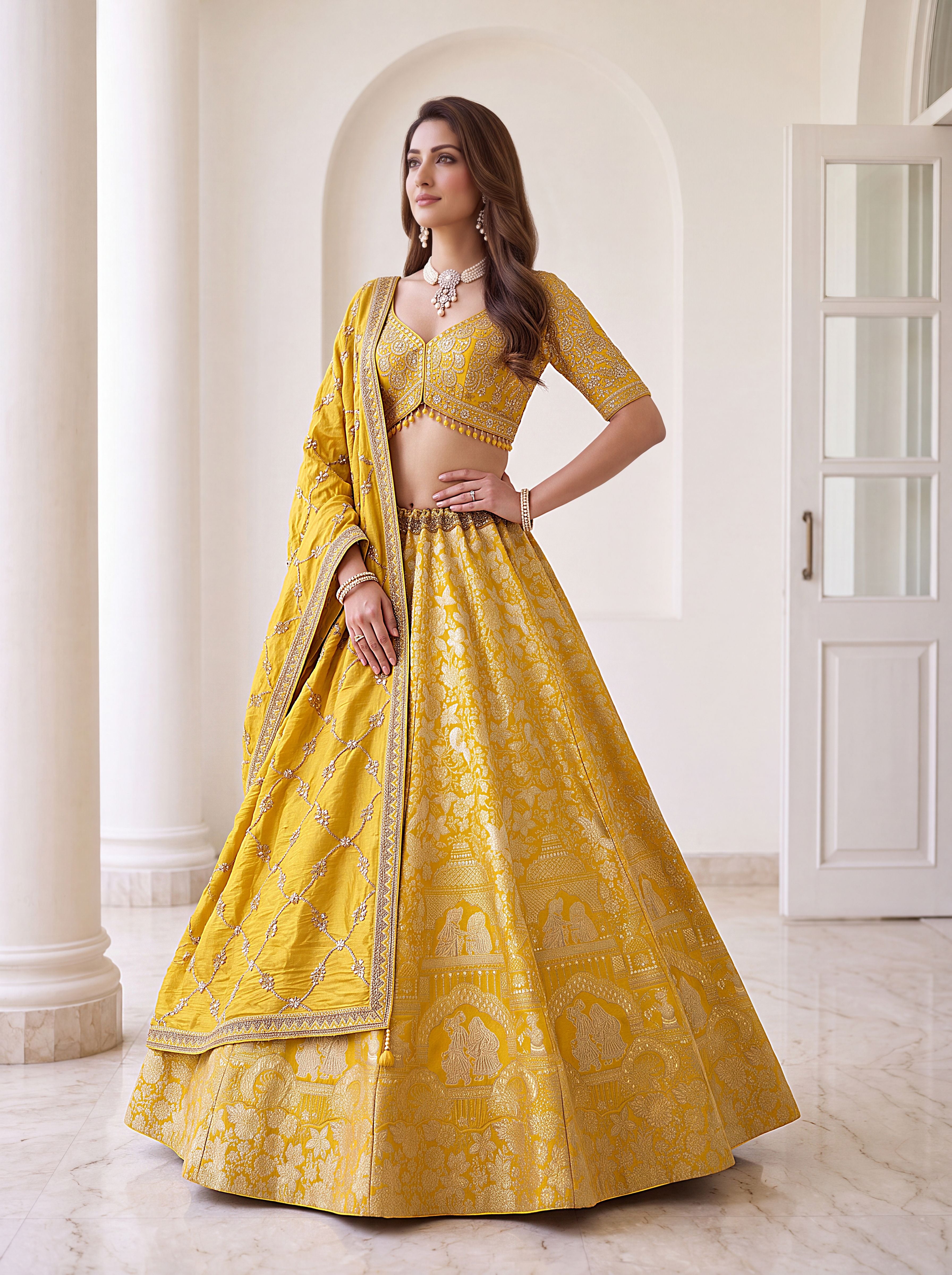Royal Yellow Pure Banarasi Silk Zari Figure Pattern Weaving Work Bridal Lehenga Choli