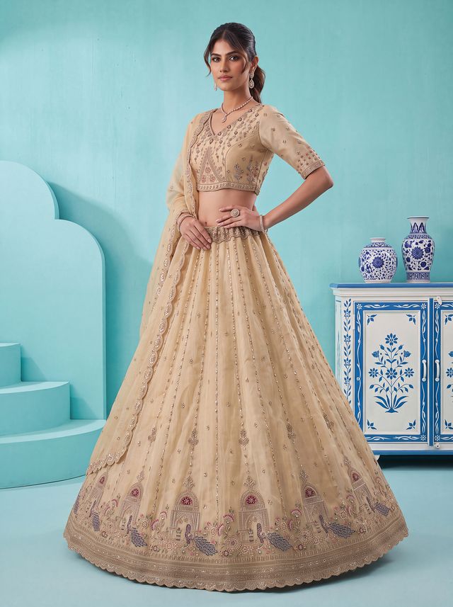 Off White Pure Chandnia Silk Handwork Motif Peacock Pattern Crystal Beads Multi Thread Dori & Sequins Work Bridal Lehenga Choli