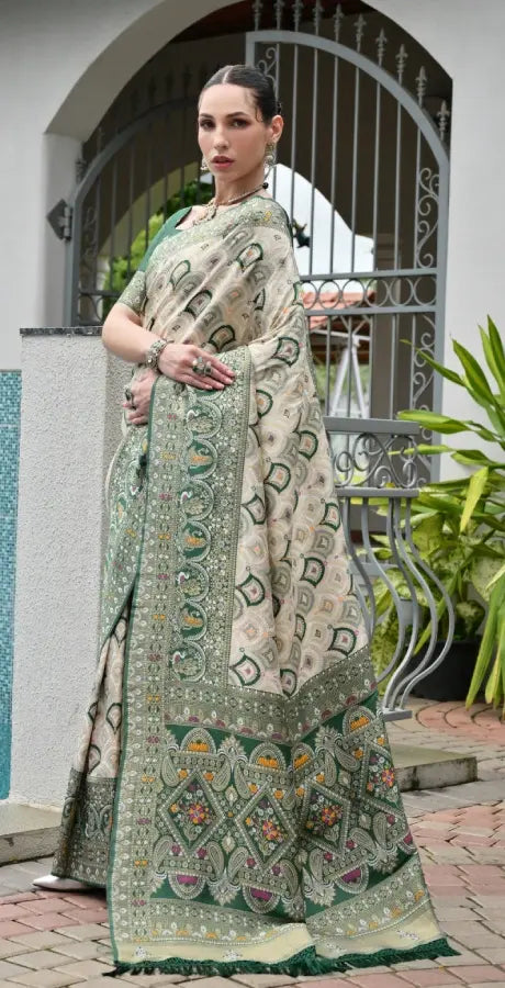 Green Pure Soft Banarasi Silk Patola Zari Woven Saree