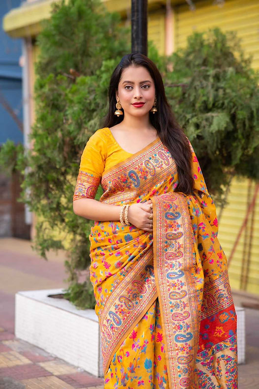 Yellow Pure Soft Pashmina Kachi Work Saree Pashmina Saree Anant Tex Exports Pvt.Ltd..