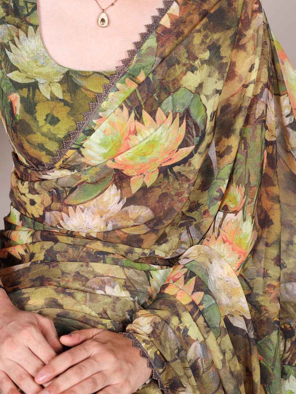 Mehandi Pure Weightless Marbal With Floral Print Weightless Saree