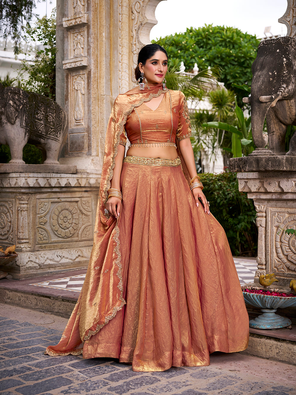 Orange Pure Fendi Silk Sequins & Thread Embroidery Work Lehenga Choli
