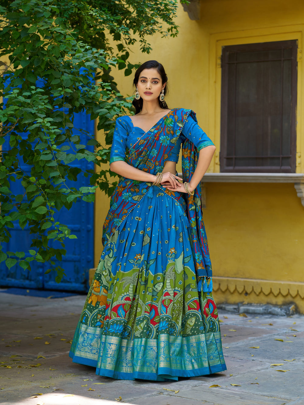 Light Sky Pure Tasar Silk Kalamkari Print With Foil Work Lehenga Choli