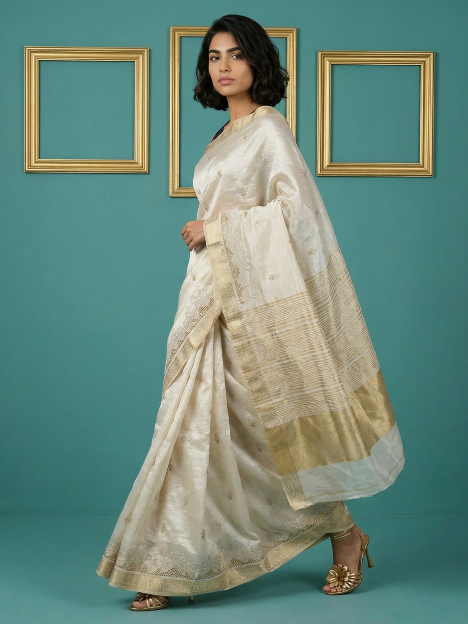 Chickoo Pure Tussar Silk Cutwork Chit Pallu Embroidered Saree