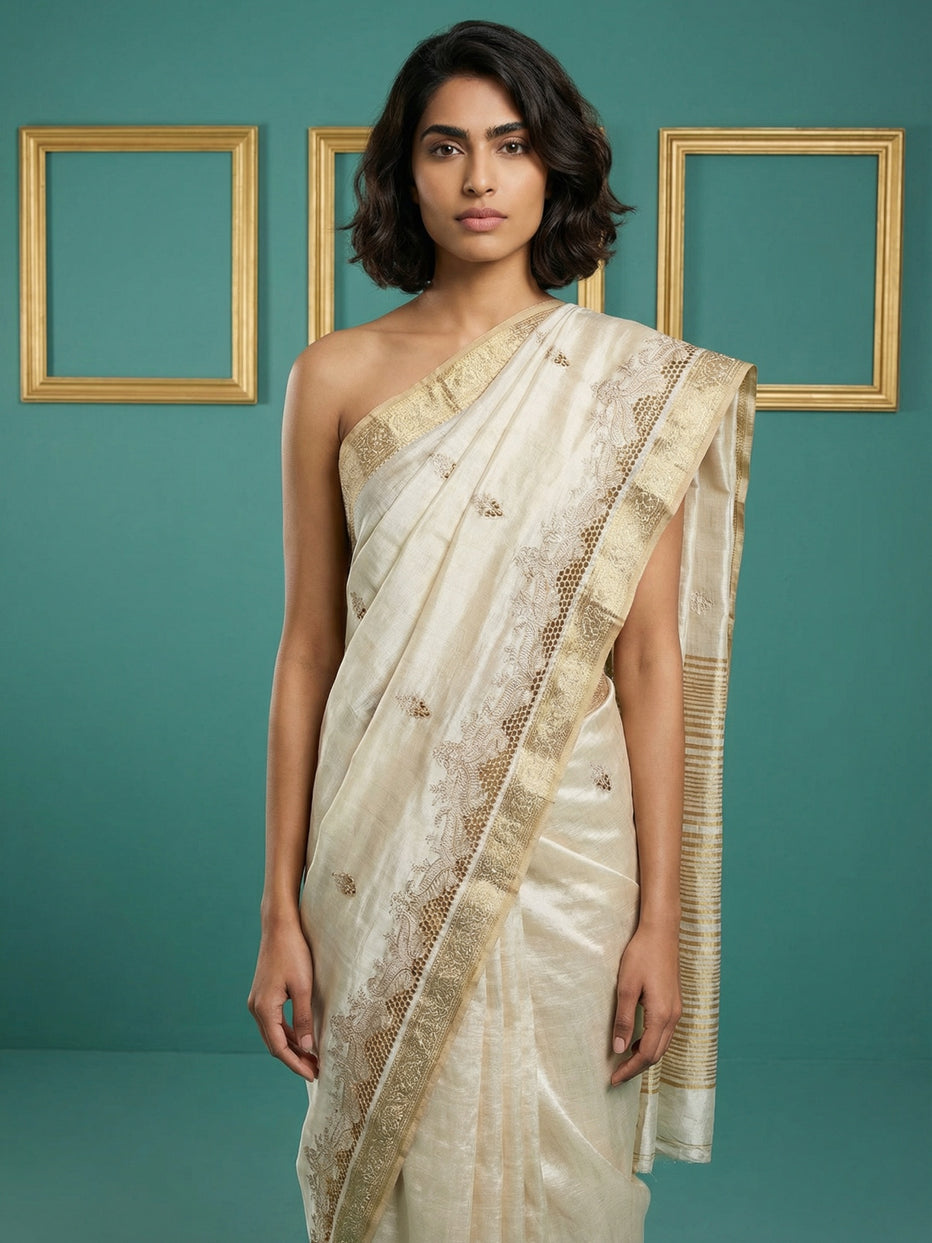 Chickoo Pure Tussar Silk Cutwork Chit Pallu Embroidered Saree