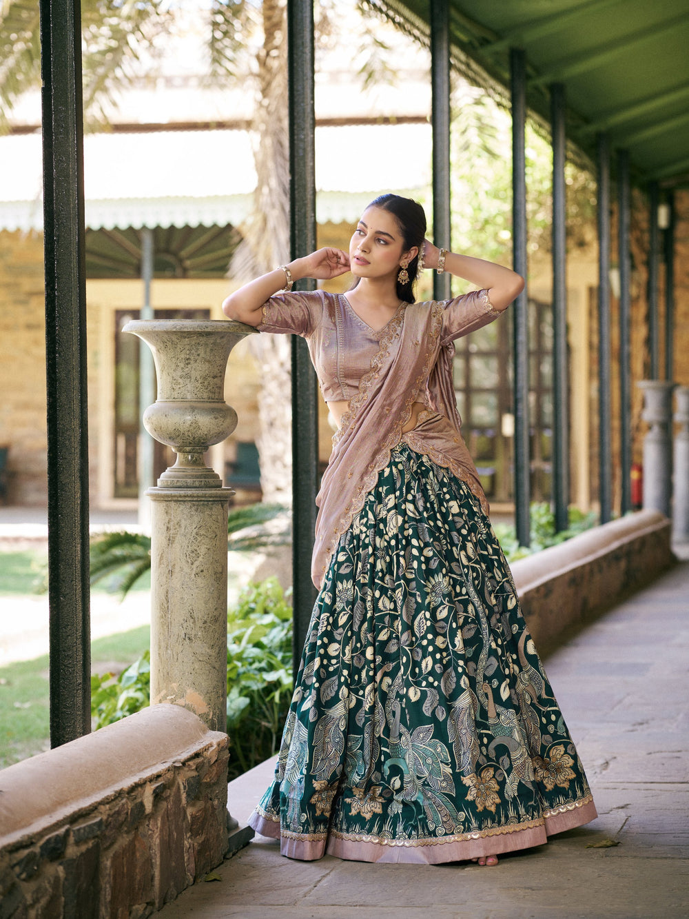 Forest Green Pure Soft Tussar Silk Kalamkari Print Lehenga Choli