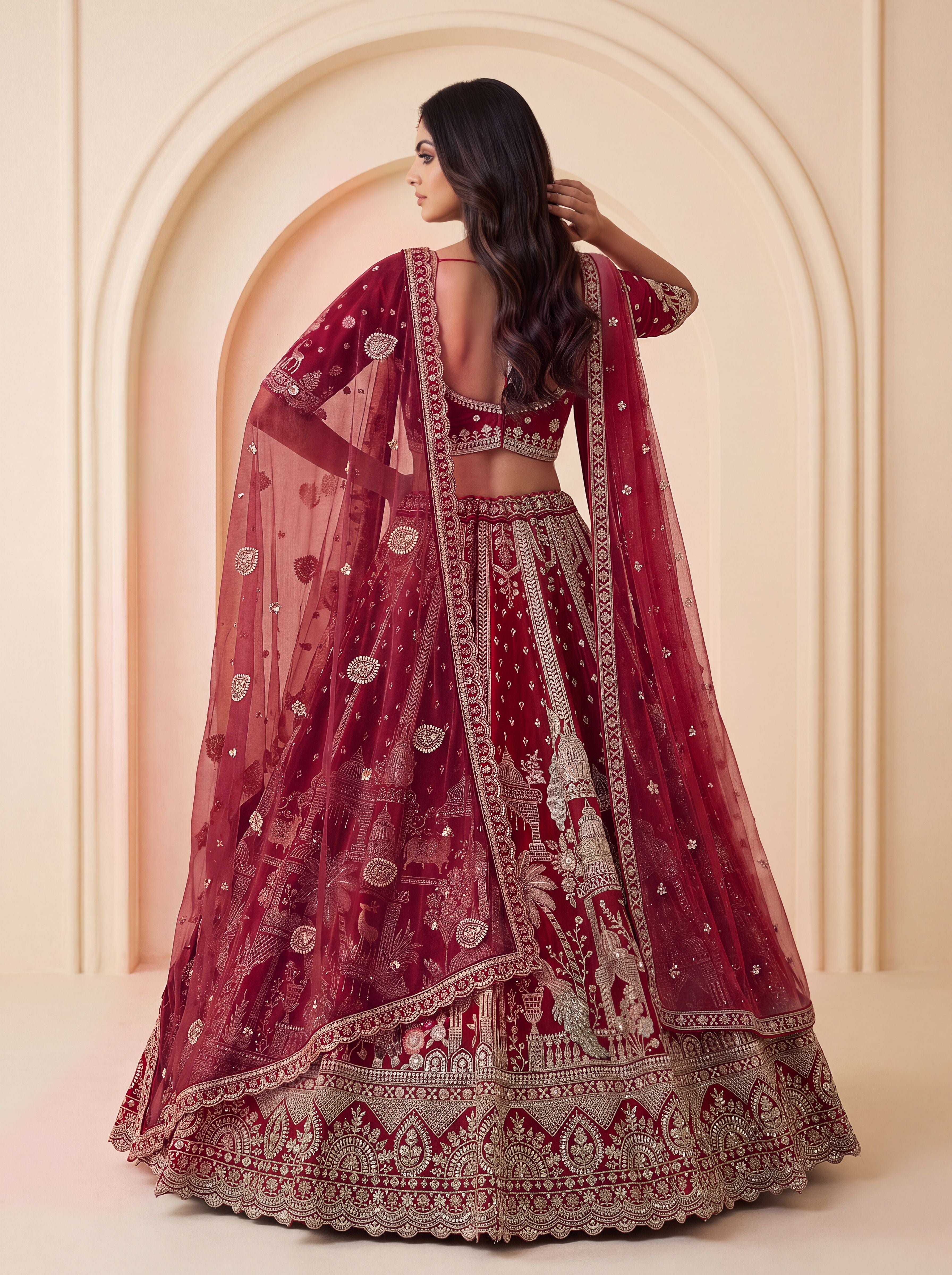 Red Pure Soft Multi Color Motif Multi thread Embroidery Sequins Work Bridal Lehenga Choli