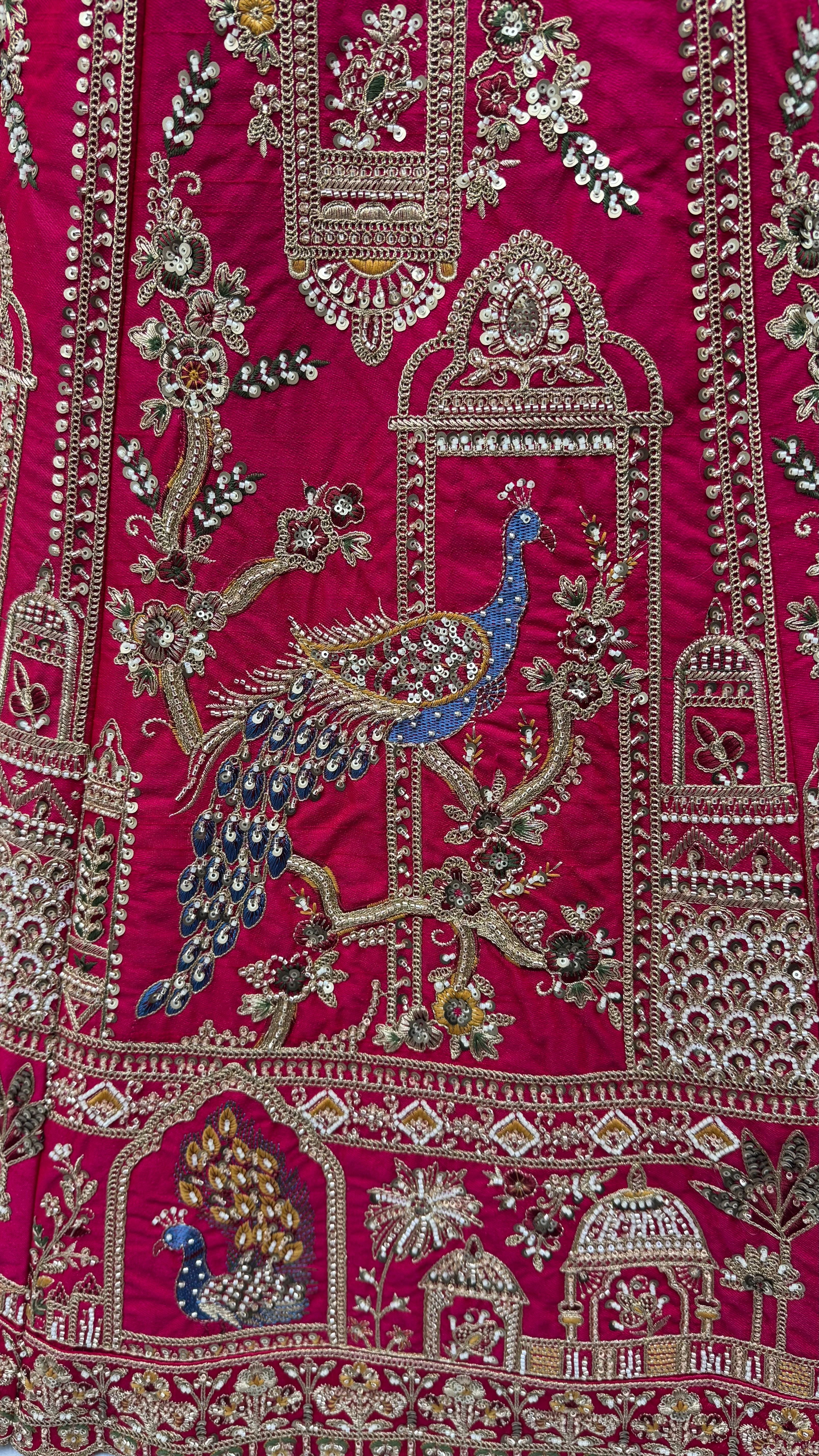 Rani Pink Pure Gadhwal Silk Khatali Handwork Sequins & Crystal Bridal Lehenga Choli